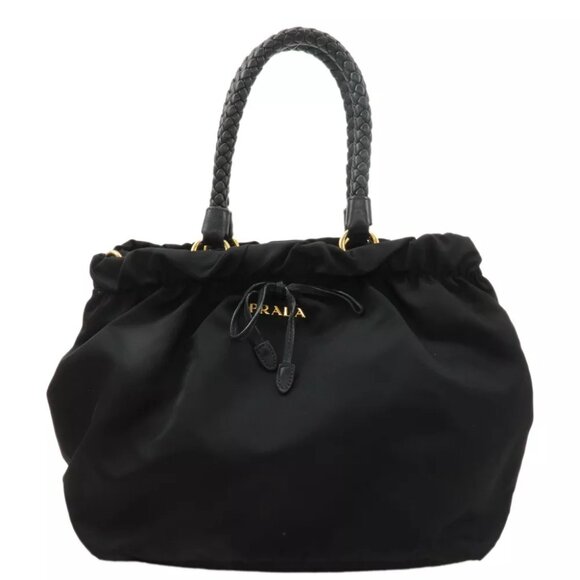 Authentic PRADA Logo Nylon Leather Tote Bag Hand Bag Black Gold - Picture 1 of 15
